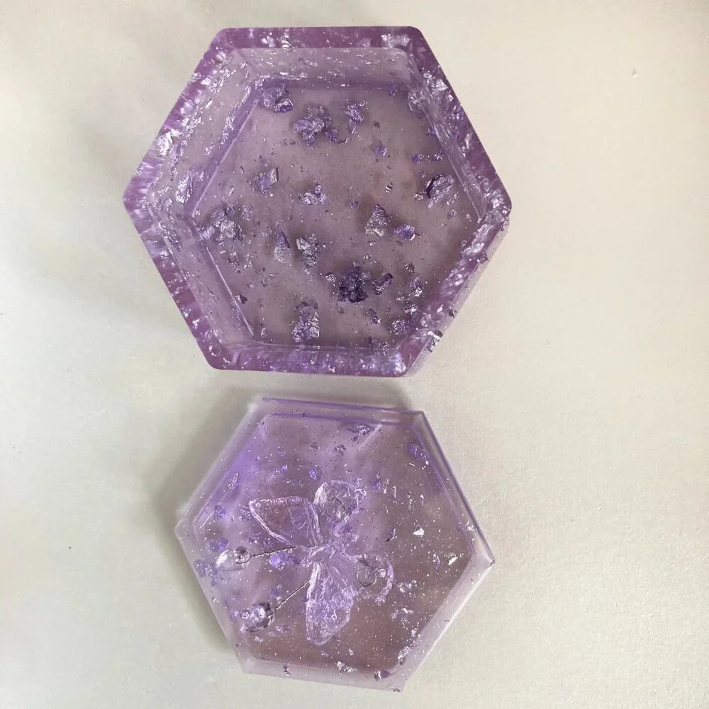 RESIN Trinket box with lid butterfly with lilac amethyst crystals antennas